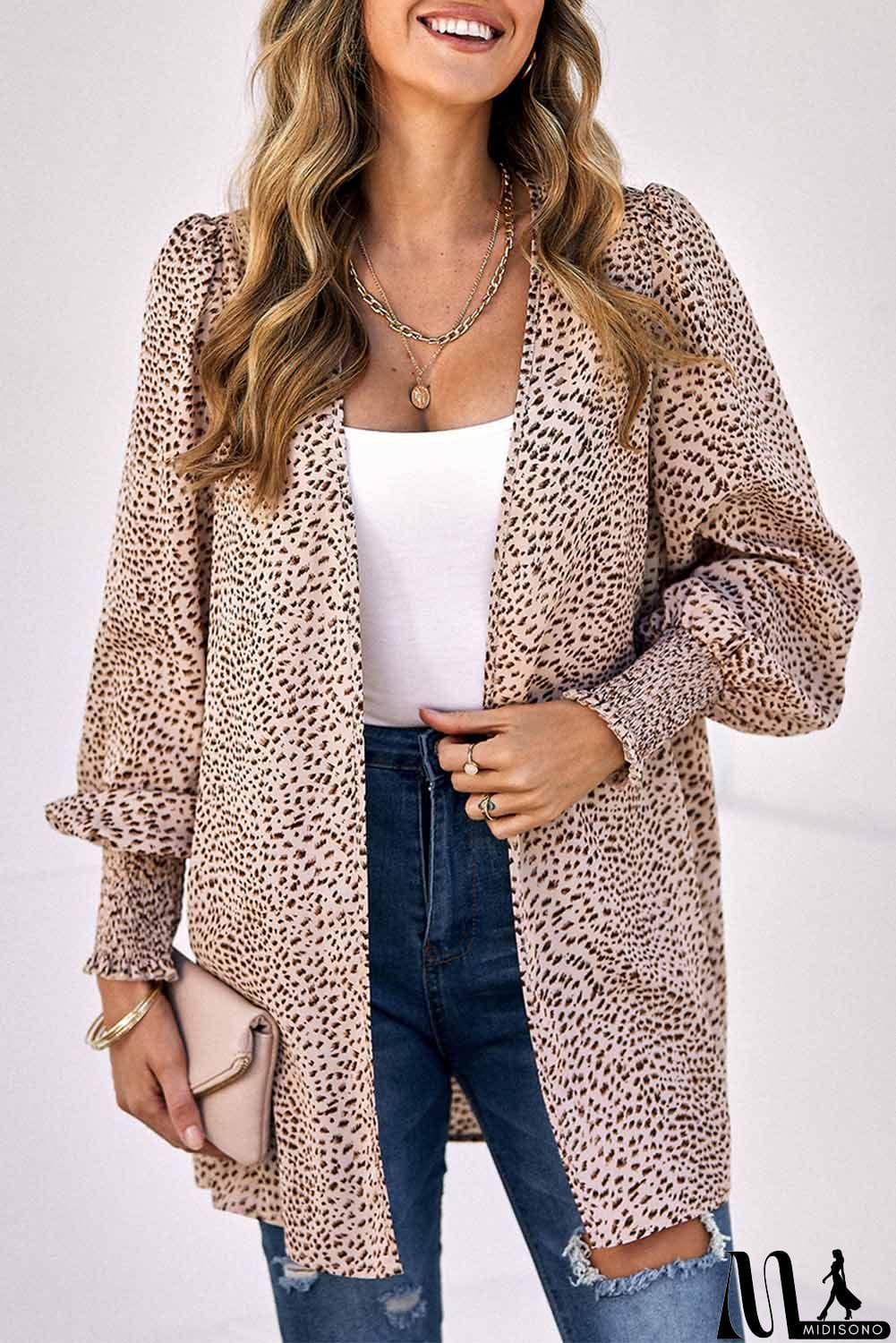 MidiSono - Animal Print Shirred Cuff Lantern Sleeve Cardigan