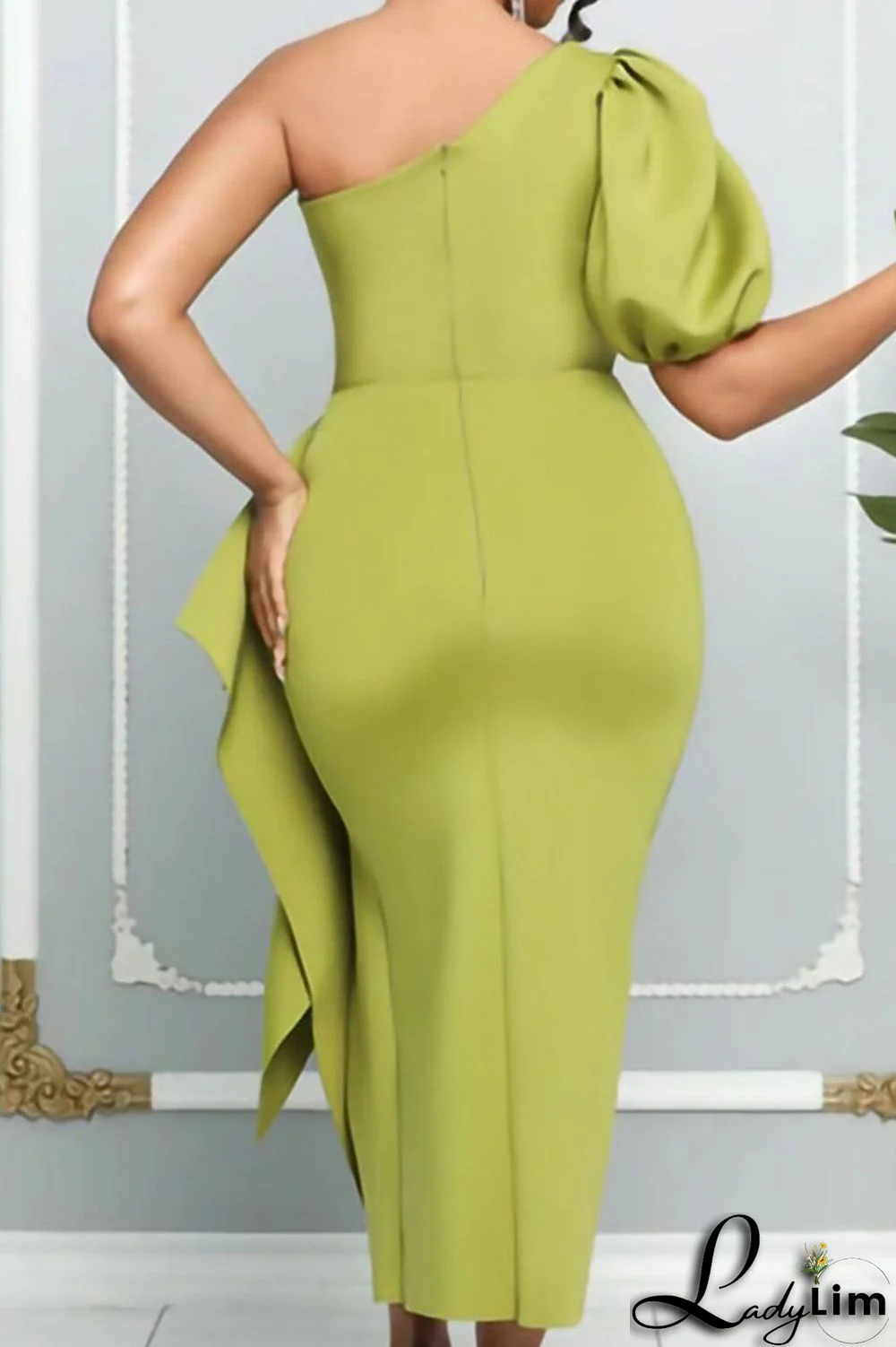 Yellow Celebrities Elegant Solid Patchwork Flounce Asymmetrical Oblique Collar Evening Dress Dresses