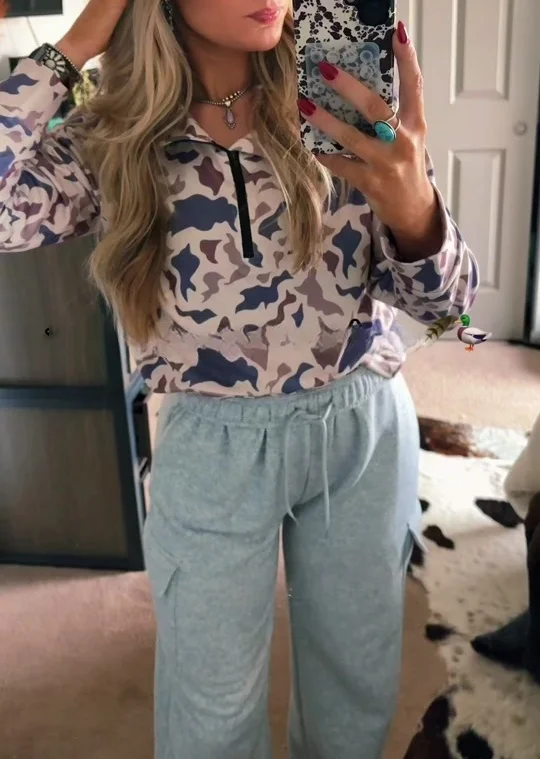 Camo Quarter Zip Pullover Top