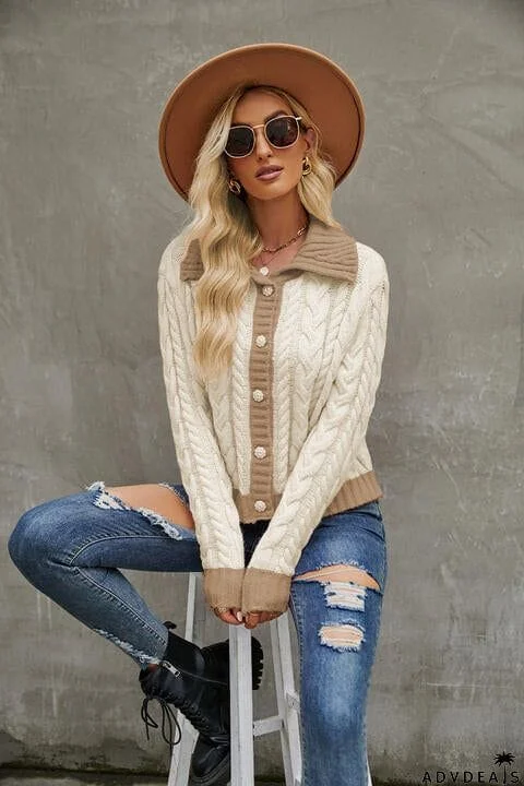 Contrast Collared Neck Cable-Knit Cardigan