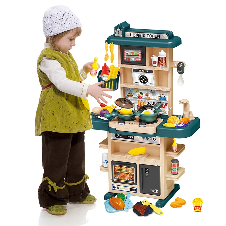 Sanmadrola Play Kitchen Playset for Kids with Pretend Food 29 Inch Toddler Kitchen Realistic Lights and Sounds Pretend Play Toy Set for Girls Boys Christmas Birthday Gift, Green