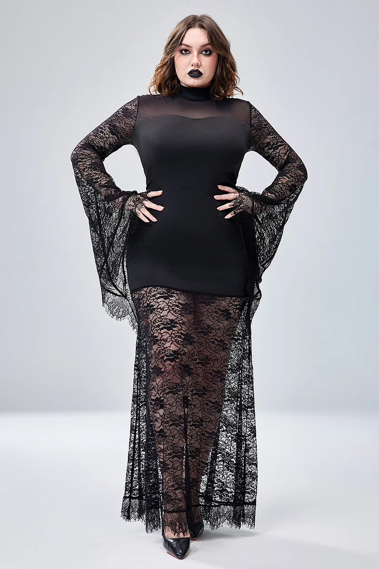 Xpluswear Design Plus Size Halloween Costume Black Trumpet Sleeve Lace Maxi Dress（Ships 24h）