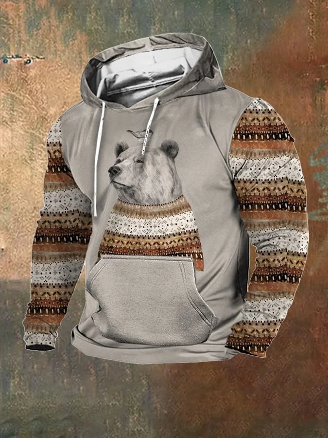 Men's Fleece Vintage Patchwork Sweater Bear Print Hooded Sweatshirt