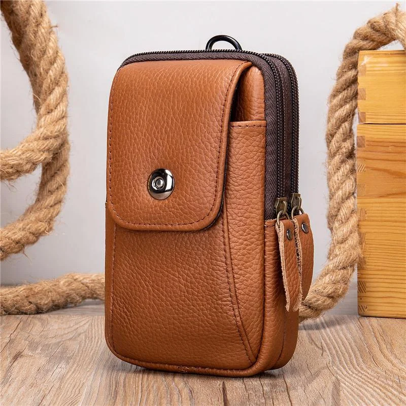 Grain Textured Style Genuine Leather Multiple Compartment Card Slot Magnetic Closure Belt Bag