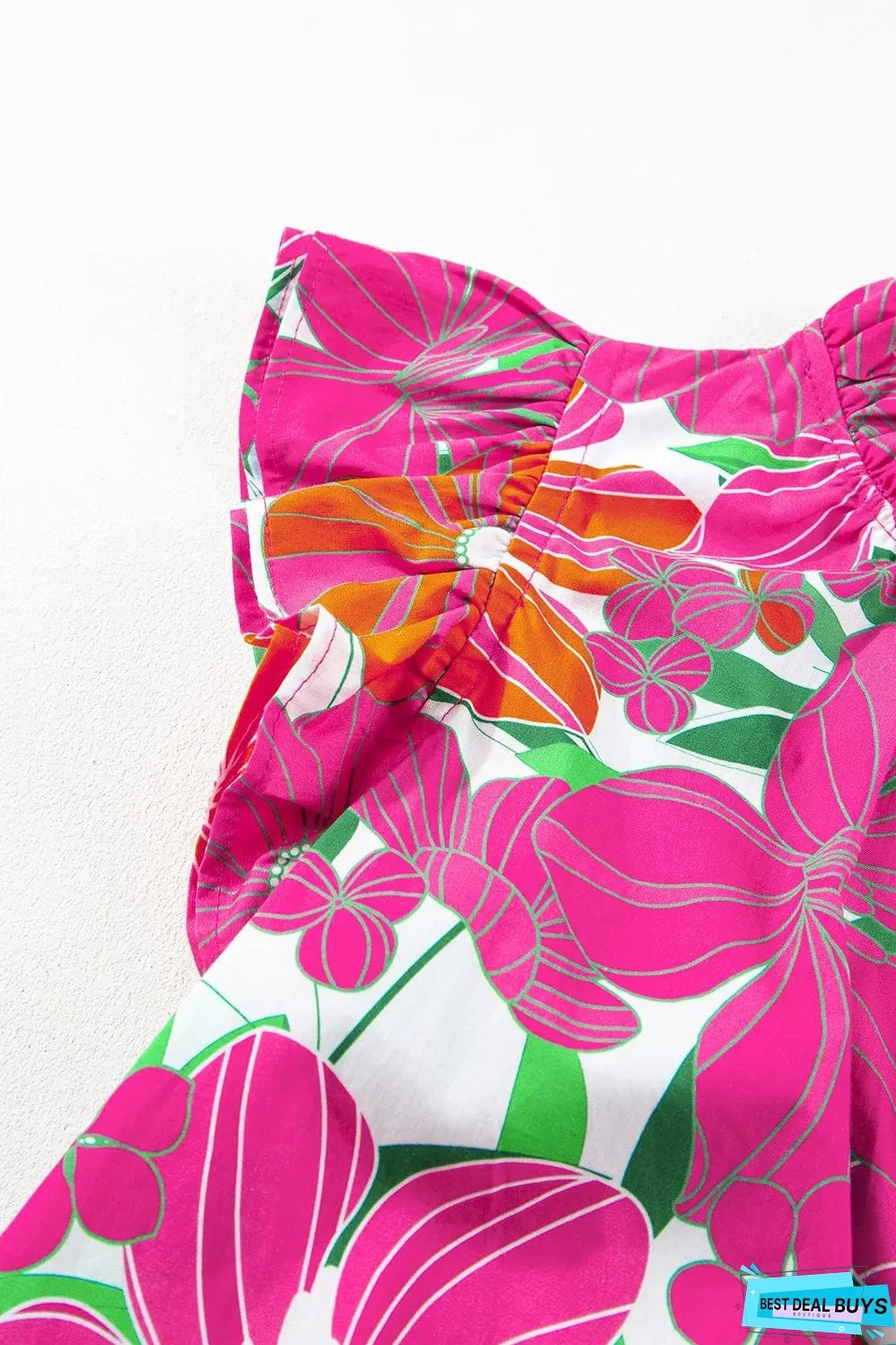 Ruffled Printed Notched Cap Sleeve Blouse