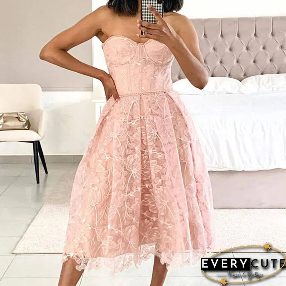 Elegant floral embroidery lace solid long dress women sexy off shoulder strapless waist