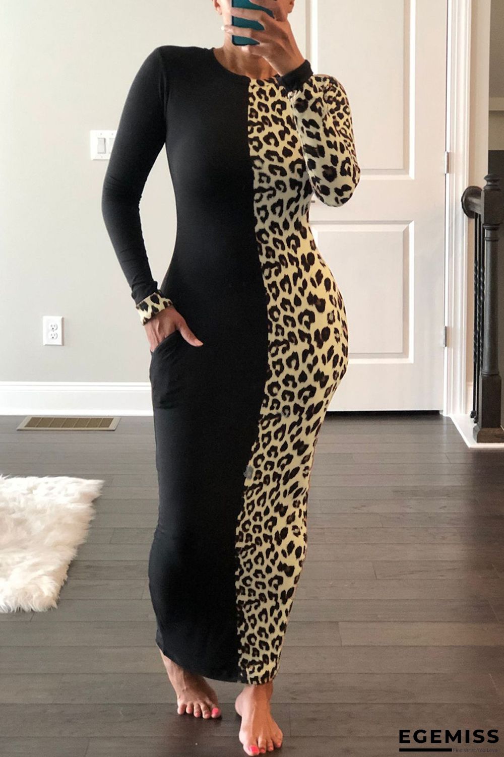 Black Fashion Casual Print Leopard Patchwork O Neck Long Sleeve Dress | EGEMISS