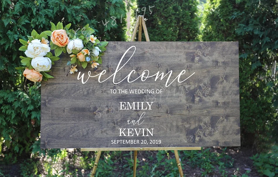 Rustic Wedding Decoration Removable Vinyl Wedding Sign Mirror Stickers Welcome Sign Decals Personalized Names Murals Art AZ538