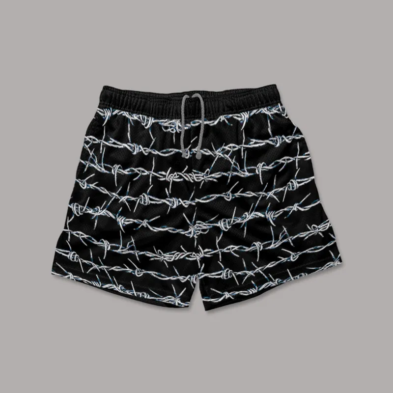 Vintage Silver Barbed Wire Graphics Mesh Shorts - SOPULA