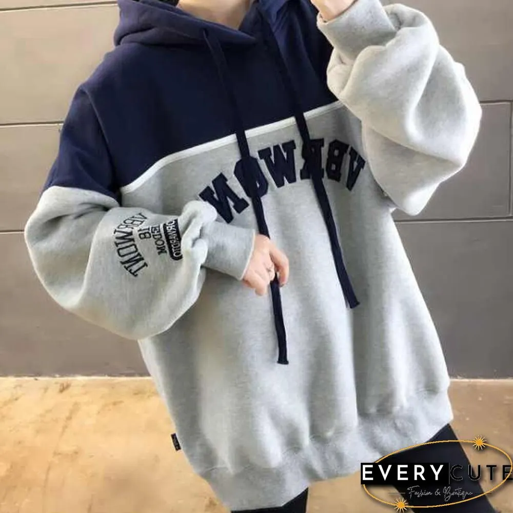 Autumn Loose Hoodies Women Print Letter Sweatshirts Vintage Patchwork Pullover Casual Long