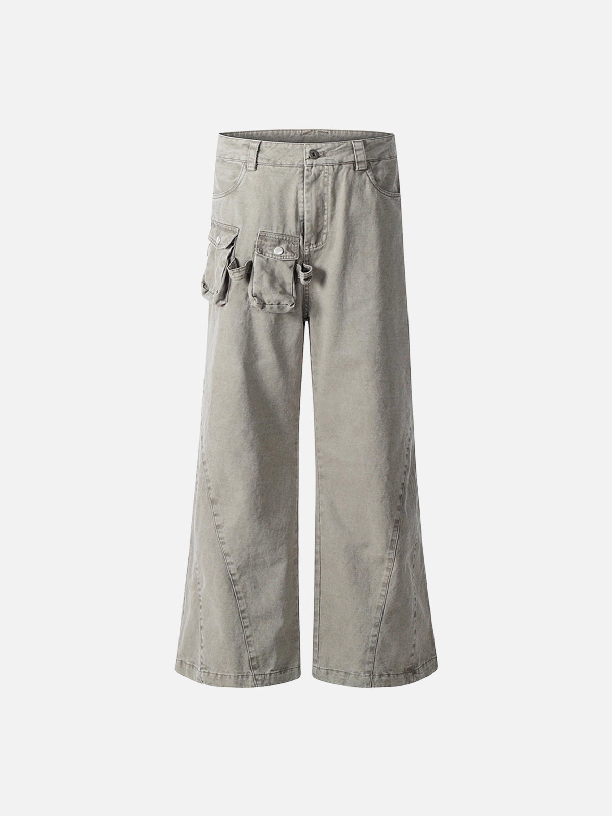 Light Grey Washed 3D Pocket Split Patchwork Cargo Jeans Front