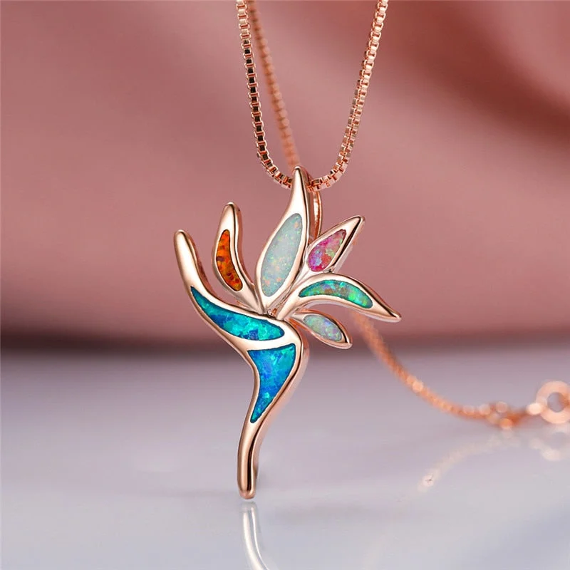 Charm Female Rainbow Opal Pendant Necklace Rose Gold Silver Color Chain Necklaces For Women Cool Geometric Long Wedding Necklace