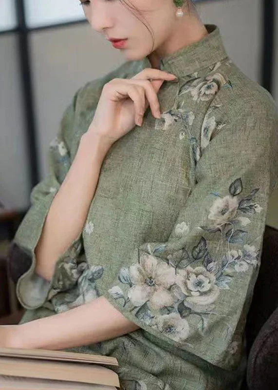 Elegant Green Mandarin Collar Print Linen Cheongsam Dress Summer