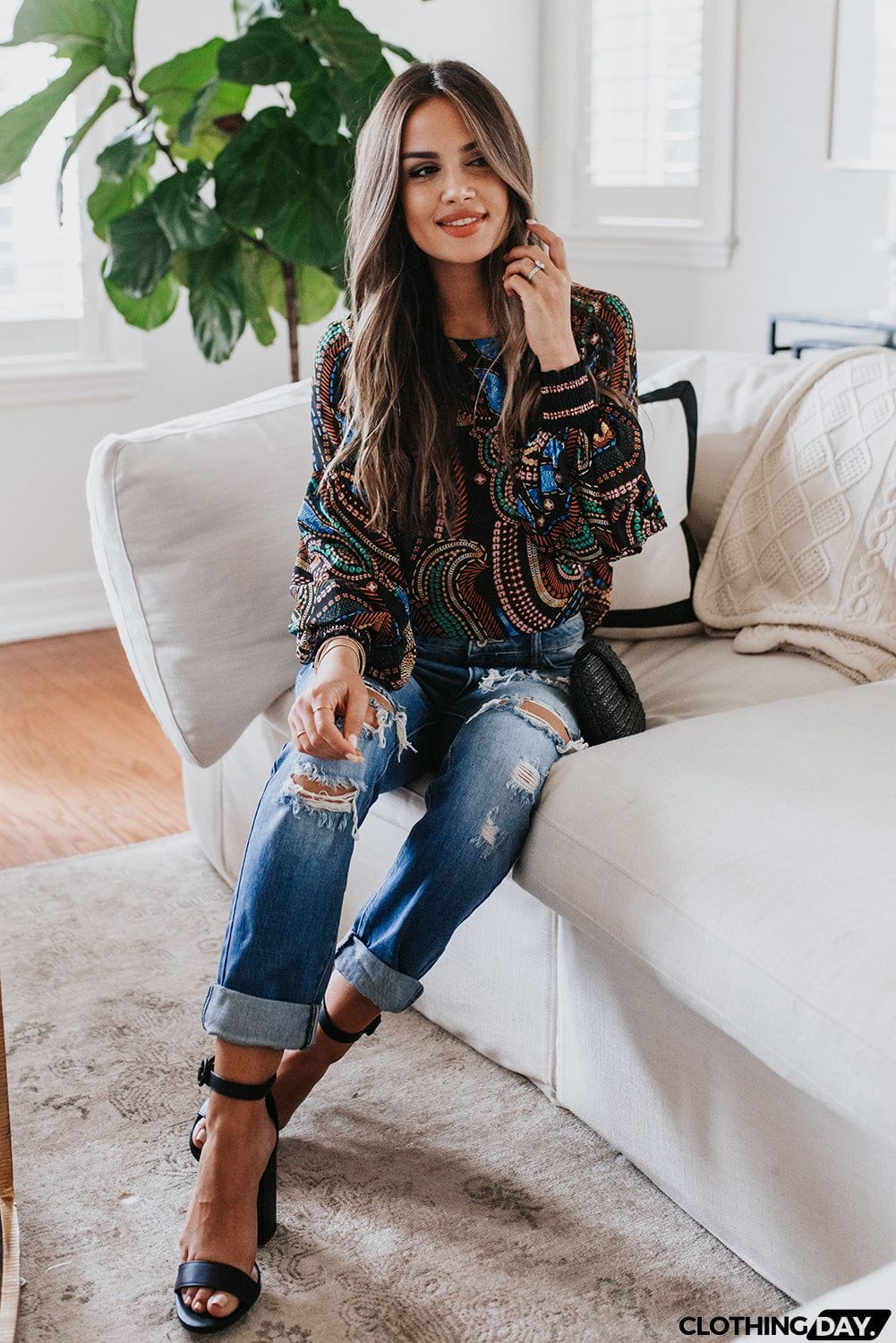 Printed Lantern Sleeve Top