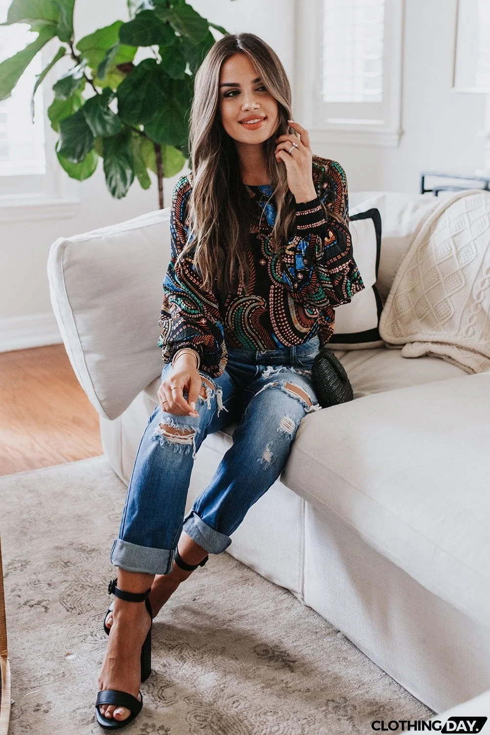 Printed Lantern Sleeve Top