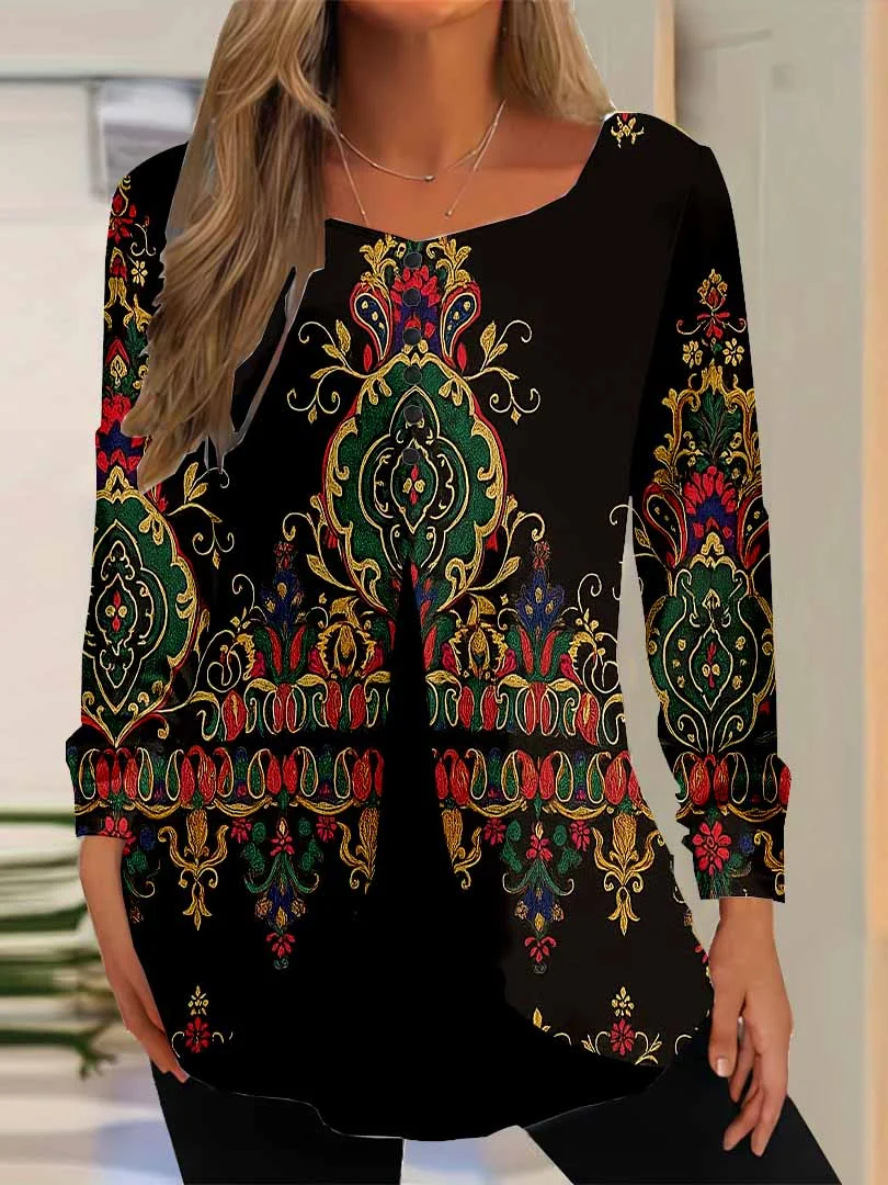Women Graphic,Black DZGG8175 Long Sleeve Scoop Neck Printed Graphic Button Fake 2in1 Tops