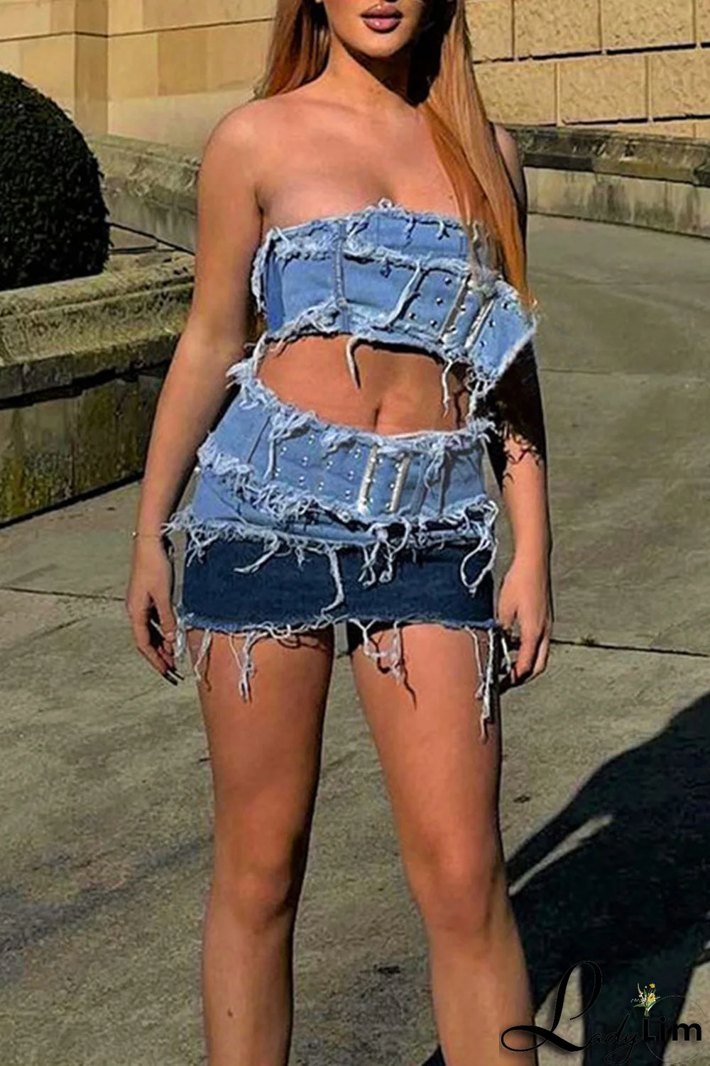 Blue Sexy Street Solid Make Old Patchwork Strapless Sleeveless Two Pieces