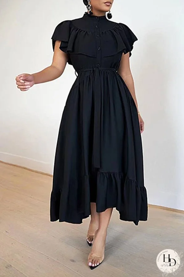 Button Front Ruffle Hem Stylish Dress