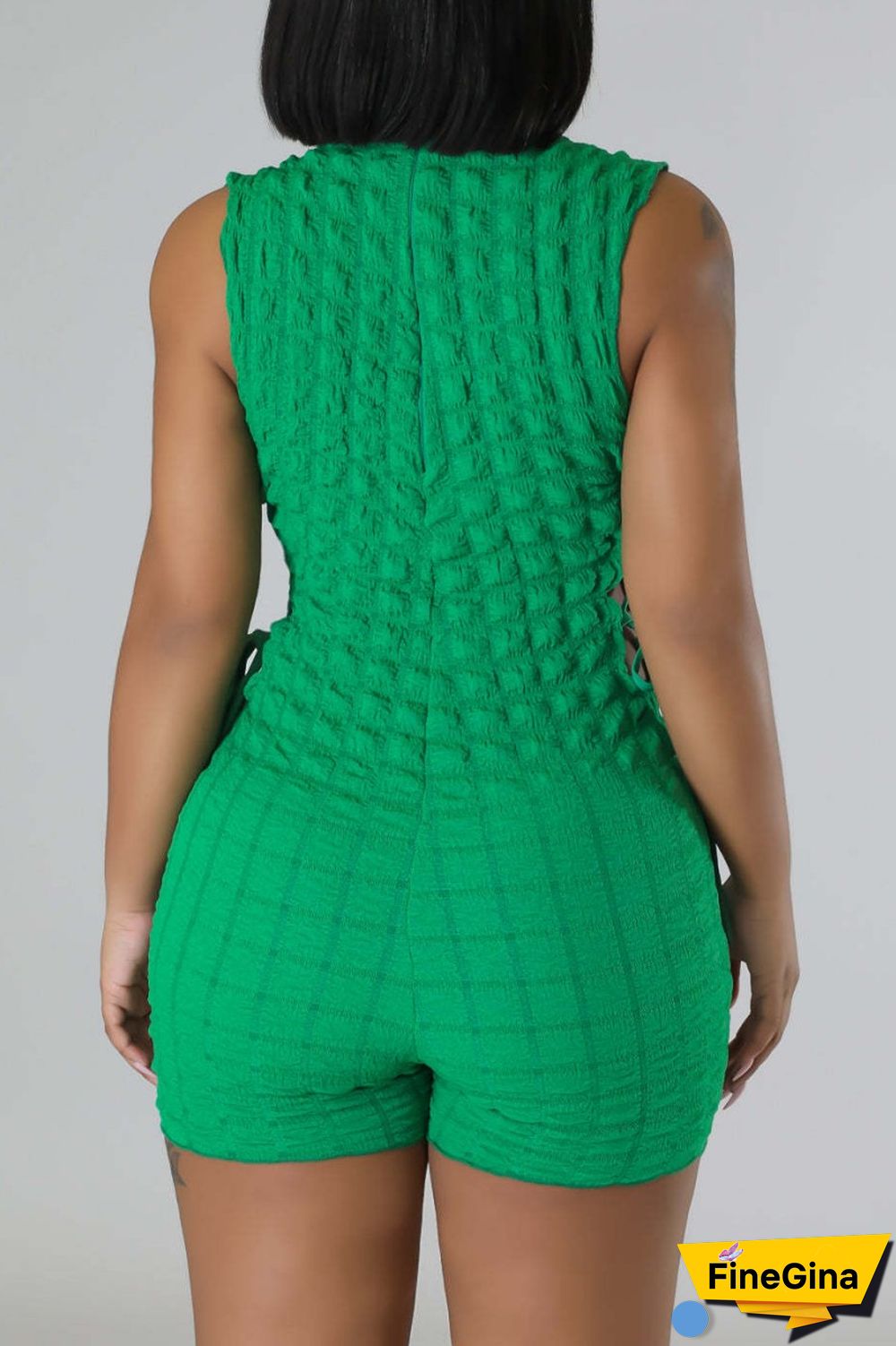 Green Casual Solid Bandage O Neck Skinny Romper