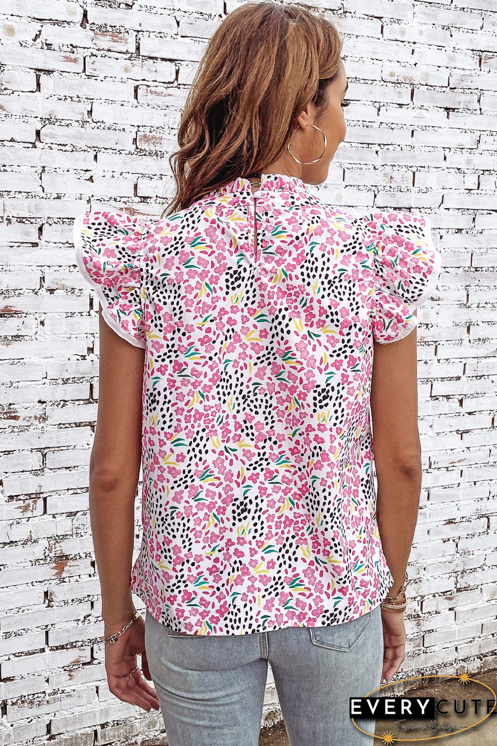 Pink Multicolor Abstract Print High Neck Flutter Sleeves Top