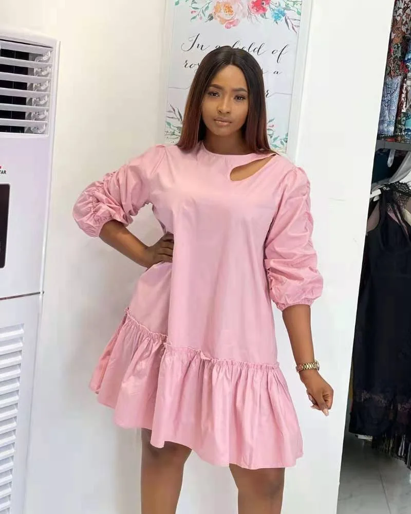 CM.YAYA Women Dress Solid Full Puff Sleeve O-neck Cut Out Zip Ruffles Loose Mini Dresses Fashion Casual Vestidos Summer Outfits