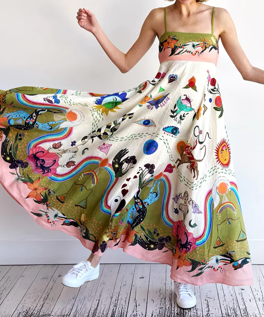 Rotimia Chic Positioning Painting Printed Slip Dress