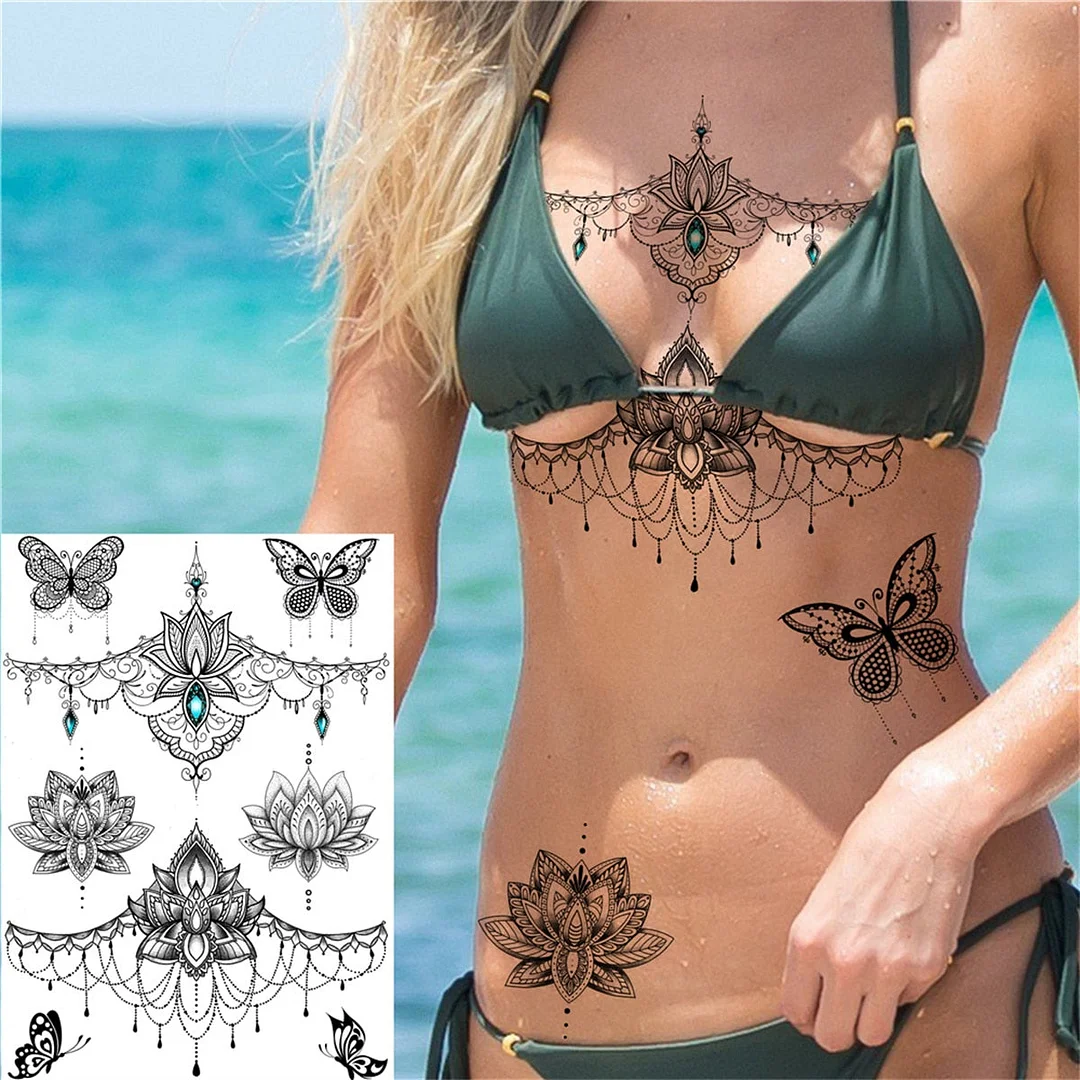 Lace Butterfly Temporary Tattoos For Women Girls Kids Tribal Black Henna Tattoo Sticker Mandala Flower Fake Jewelry Tatoos Adult
