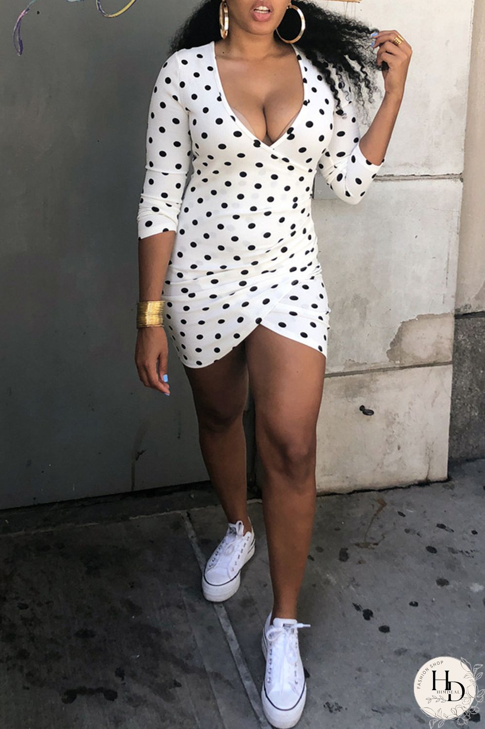 White Fashion Casual Dot Print Asymmetrical V Neck Long Sleeve Dresses