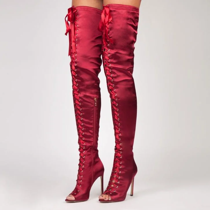 Red Thigh High Lace up Boots Satin Stiletto Heel Long Boots |FSJ Shoes