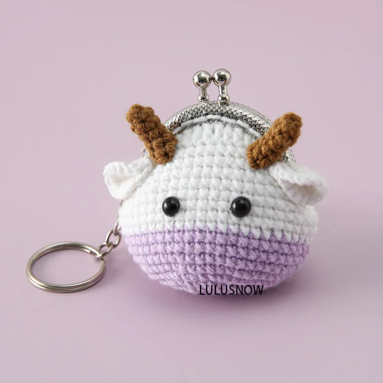 Lulusnow Handmade White COW CARTOON Crochet Coin Purse Keychain Bag Pendant Gift for Her/Friend/Kids