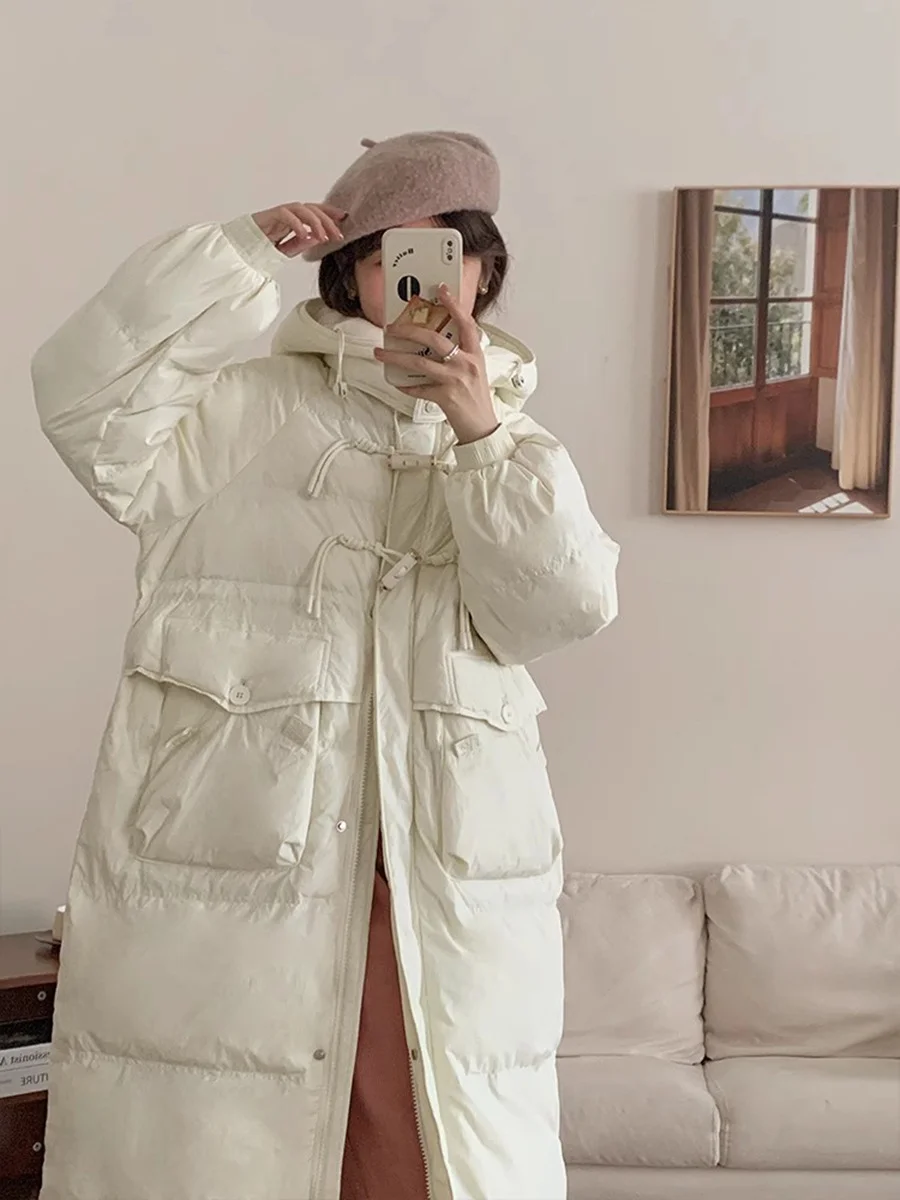 Woherb Korean Sweet Bamboo Buckle Down Jacket Female Long 2024 Winter New Hat Over The Knee Thick Warm Coat-Outfit Ideas