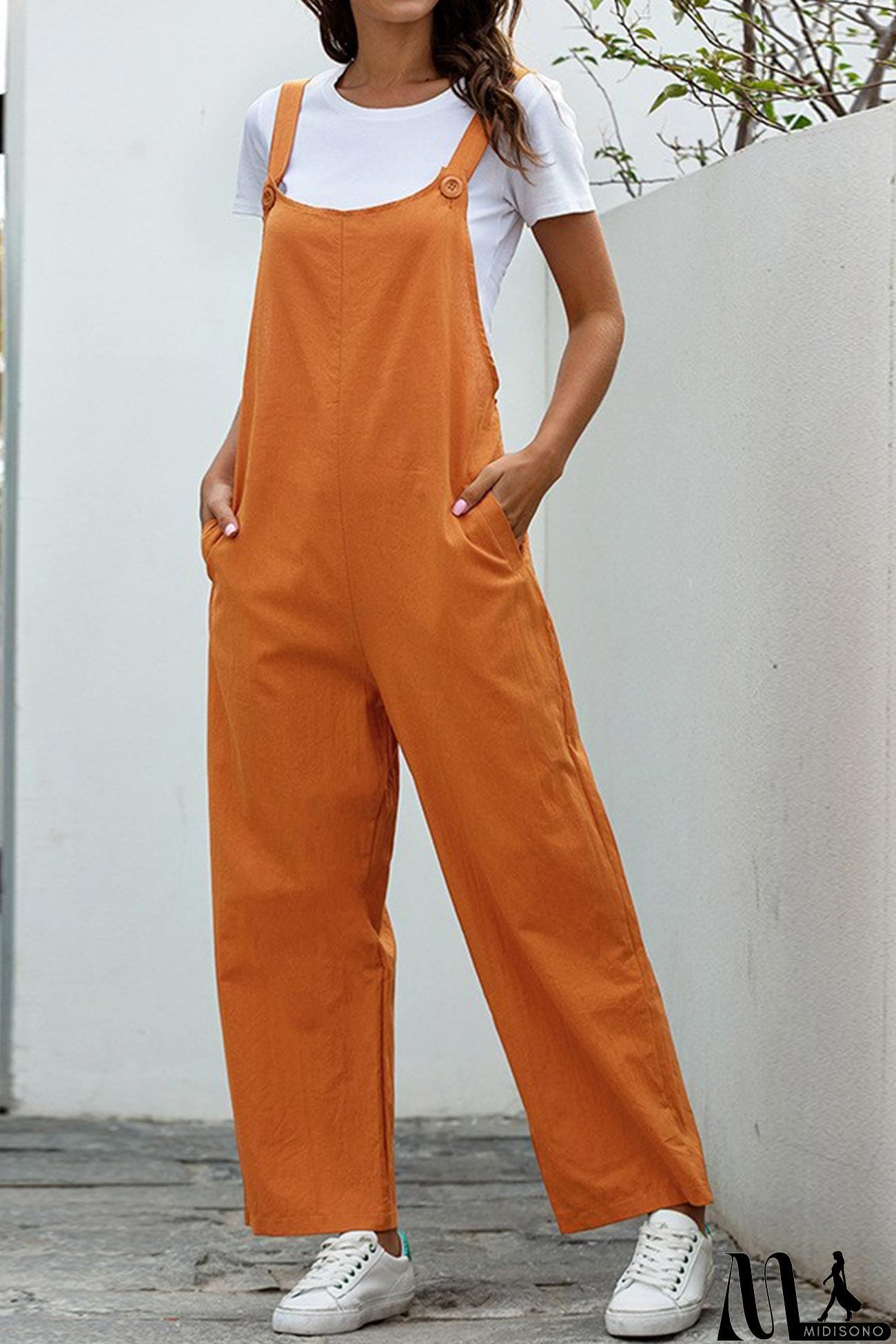 MidiSono - Solid Color Sleeveless Long Pants Jumpsuits