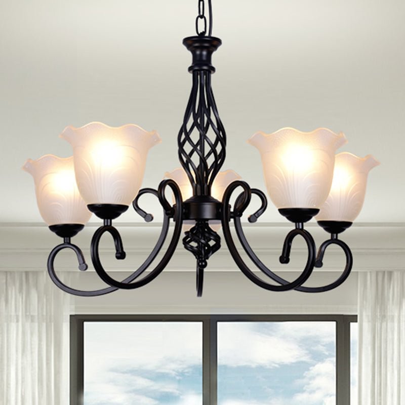 Ruffle Glass Floral Shade Chandelier Lighting Classic Living Room Pendant Light with Scroll Arm