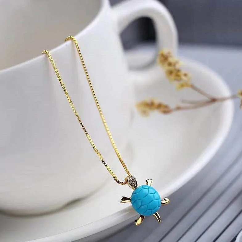 Natural Turquoise Turtle Longevity Wealth Peace Pendant Chain Necklace