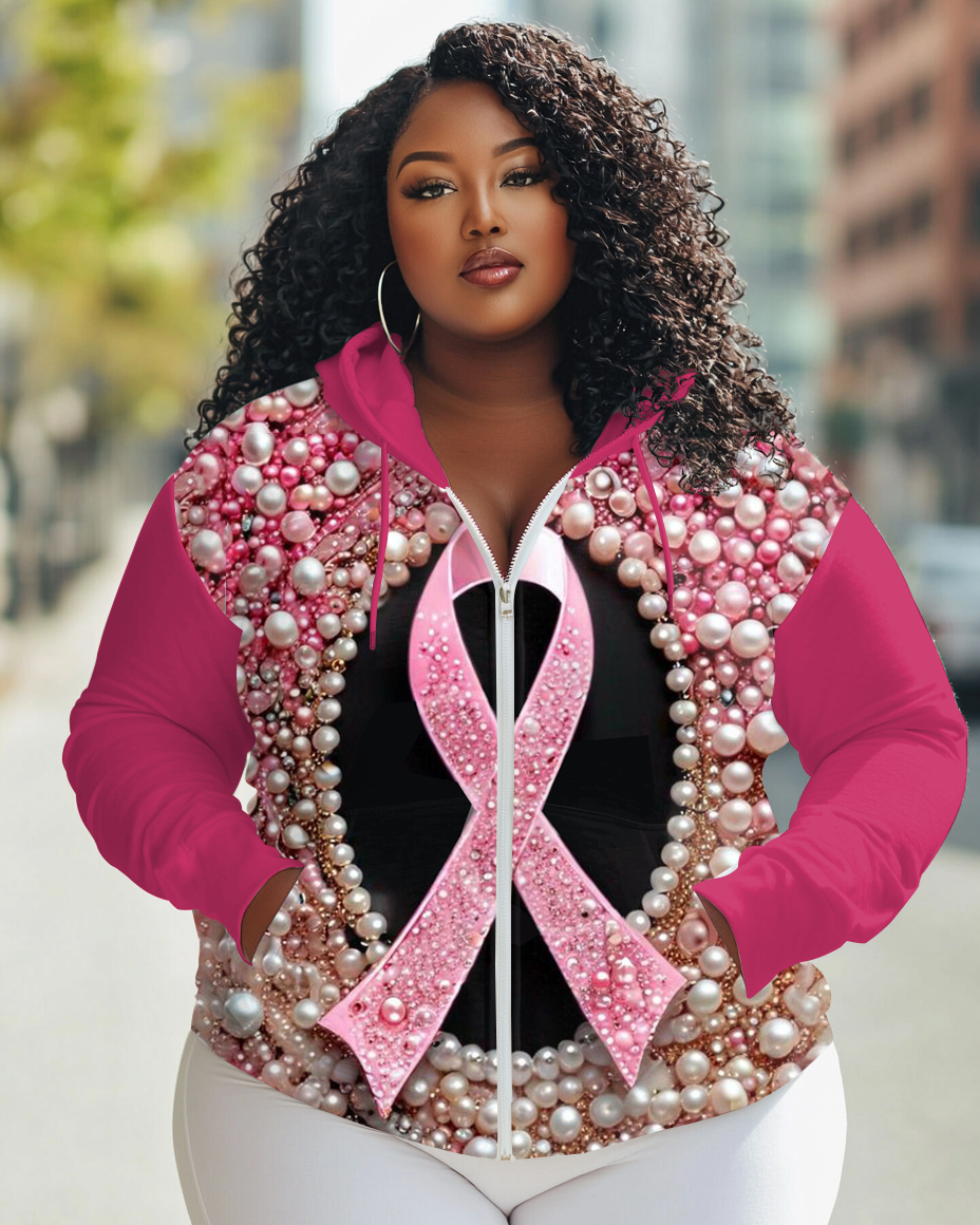 Breast Cancer Awareness Pearl Print Long Sleeve Zipper Hoodie