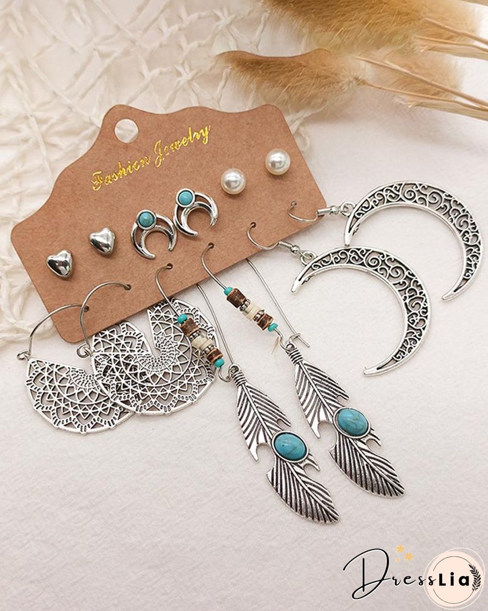6Pairs Moon & Feather & Beaded Vintage Earrings Set