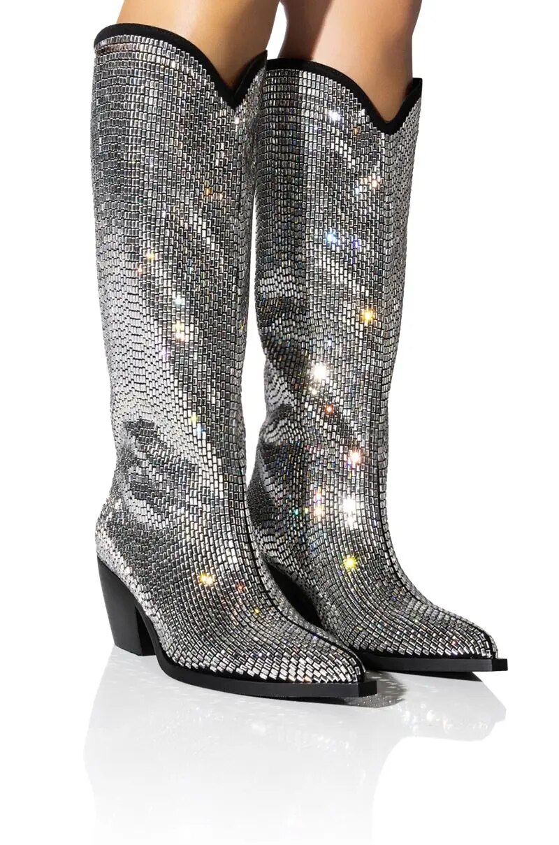 VCSHOES Crystal Boot Woman Pointed Toe Knee High Boots Rhinestone Chunky Heel Boots Shinning Ladies Botas