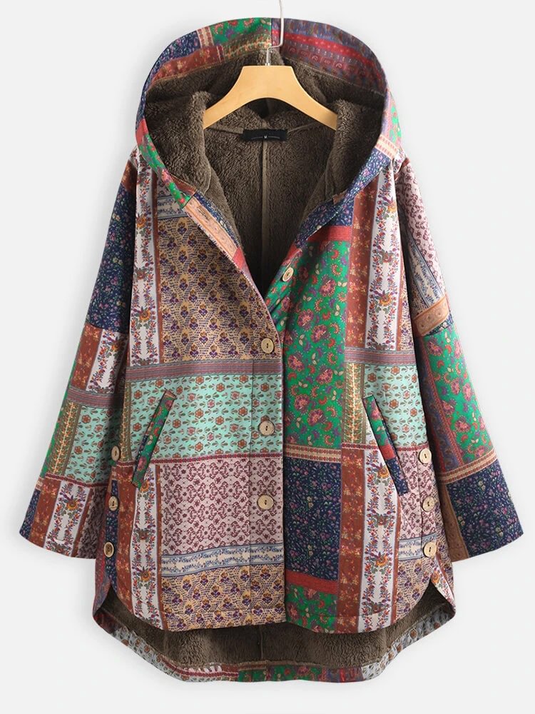 Plaid Women's loose ethnic style printed hooded cotton jacket