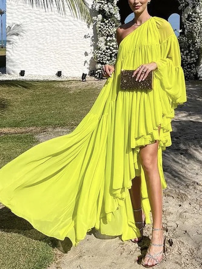 Irregularity Loose Pleated Solid Color One-Shoulder Maxi Dresses