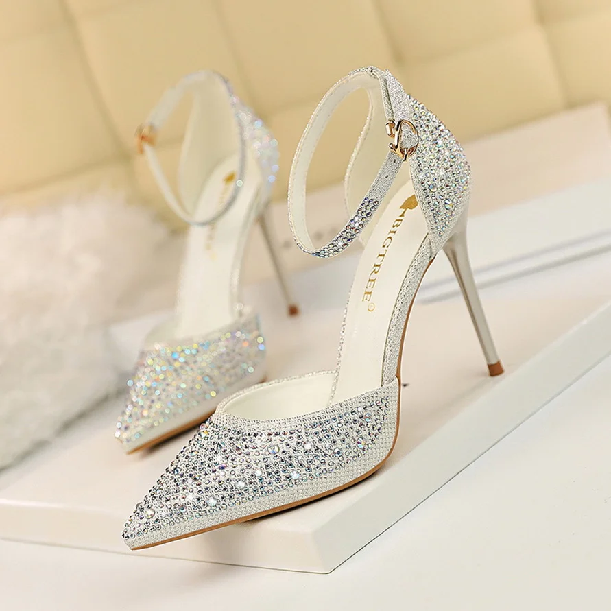 Colourp Colourp Korean Version Of Sweet High Heels With High Heel Shallow Pointed Hollow Out A Word With Shiny Rhinestone Sandals