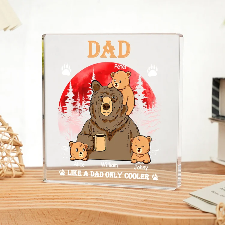 4 Names - Personalized Bear Family Pattern Custom Name Acrylic Square Ornament Father's Day Gift