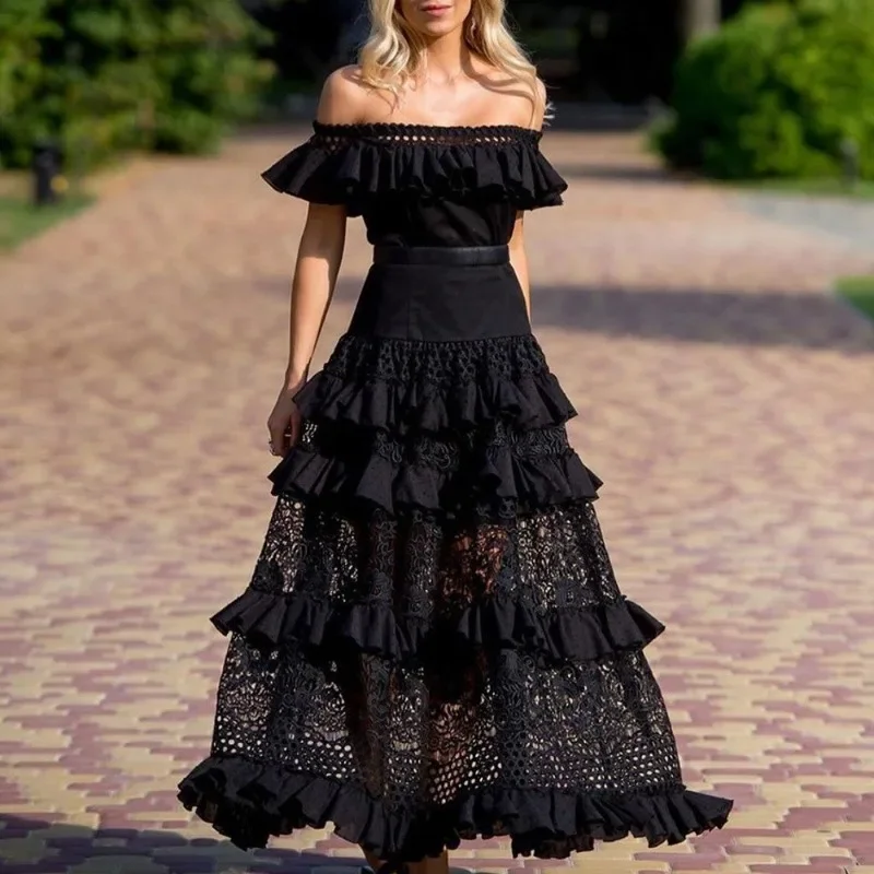 Women's Elegant Lace High Waist Slim Fits Off-Shoulder Wide Hem Ruffled Maxi Dress For Wedding Party