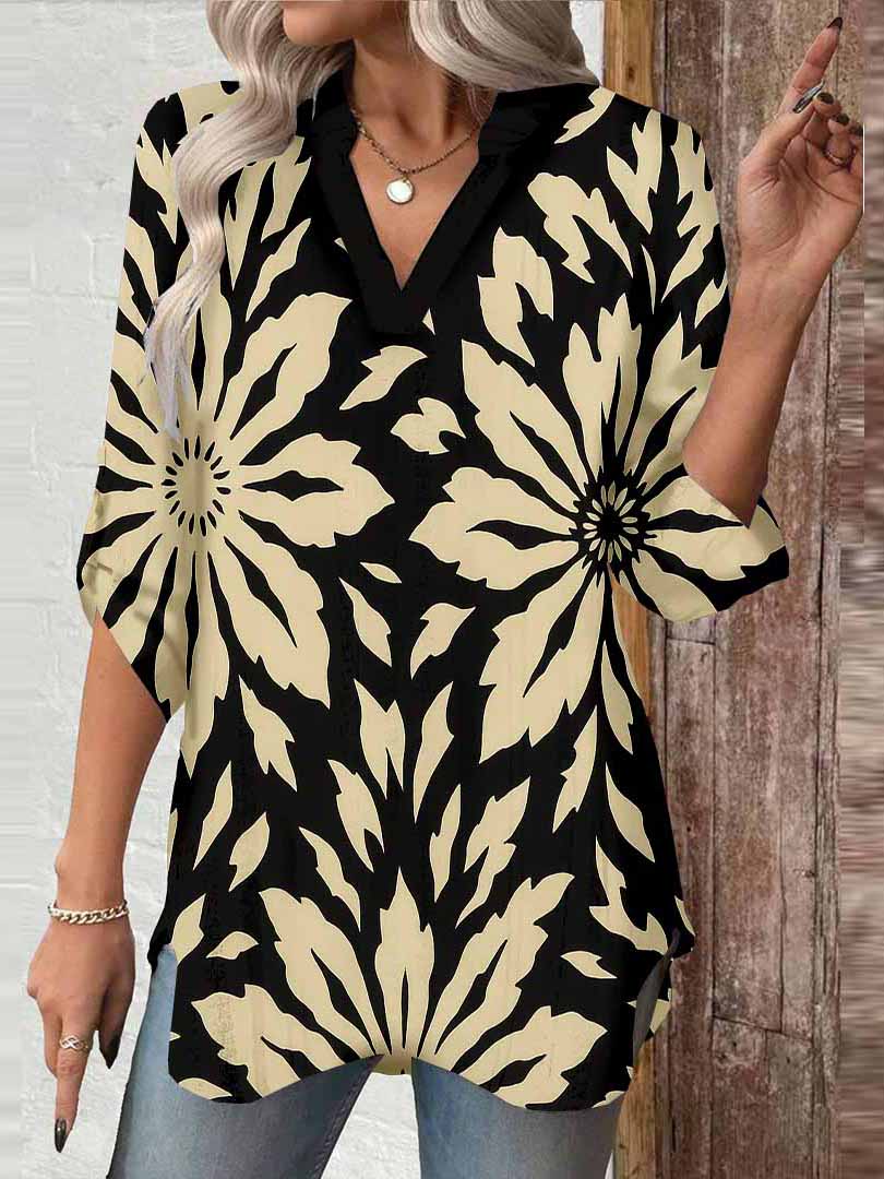 Women Floral, Black, Khaki DZGA0134 3/4 Sleeve V-neck Printed Graphic Button Tops