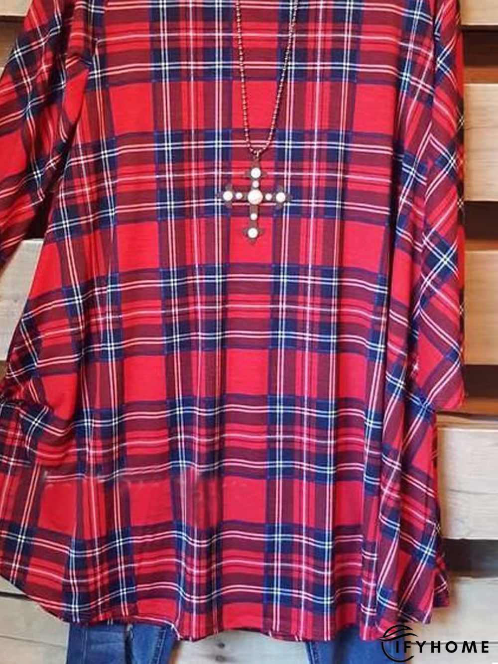 Plaid  Long Sleeve  Printed  Cotton-blend  Crew Neck Casual  Red Top | IFYHOME