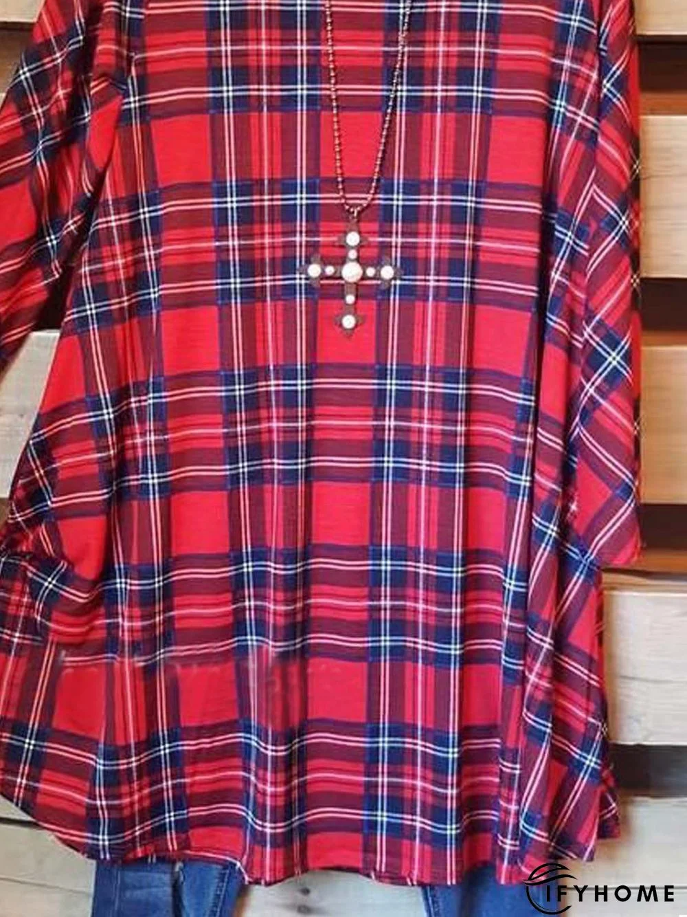 Plaid  Long Sleeve  Printed  Cotton-blend  Crew Neck Casual  Red Top | IFYHOME