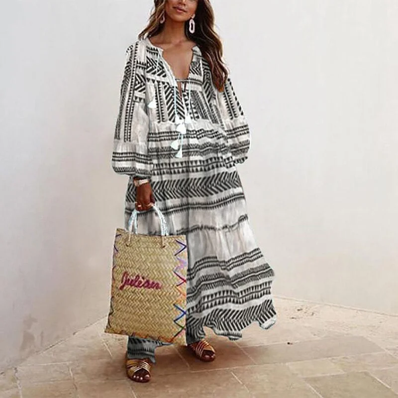 Women Vintage V Neck Tassel Party Long Dress Casual Floral Print Female Dresses Loose Three Quarter Puff Sleeve Dresses Vestidos