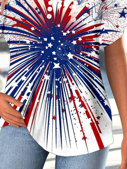 Women Short Sleeve V-neck National Flag Printed Graphic Button Tops