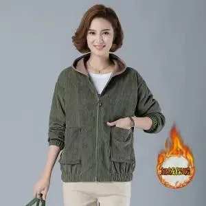 Spring Autumn New Women Jackets Corduroy Coat Streetwear Hooded Casual Windbreaker Female Zippers Jacket Outerwear Plus Size 3xl