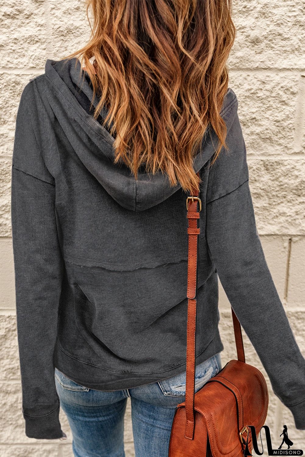 MidiSono - Zipped Front Stitching Hooded Sweatshirt