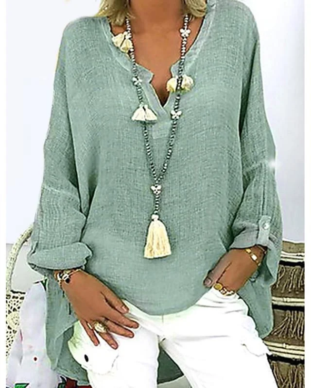 Women's Plus Size T shirt Solid Colored Long Sleeve V Neck Tops Loose Basic Top White Black Blushing Pink-806